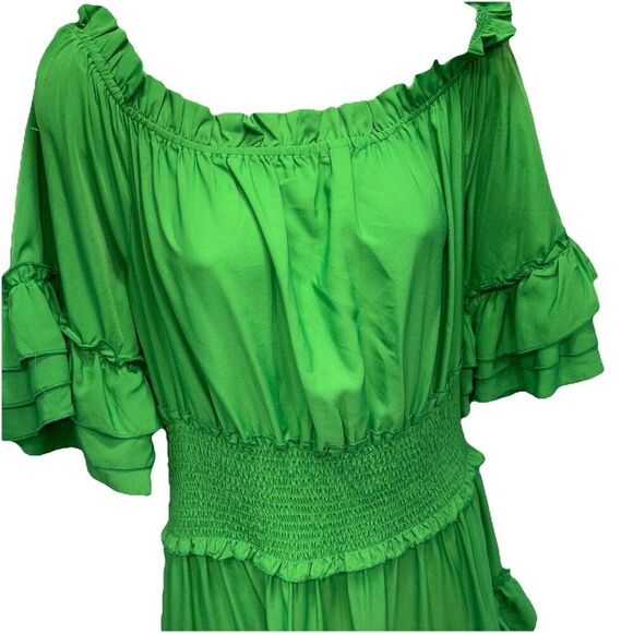 Wishing Waves Women's Dress Large Kelly Green Smocked tiered Ruffle Boho Resort - Picture 4 of 9